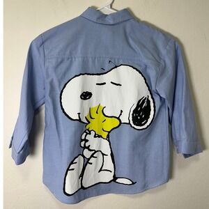 Kids Zara Peanuts Snoopy Woodstock Blue Button Down Shirt Size 6